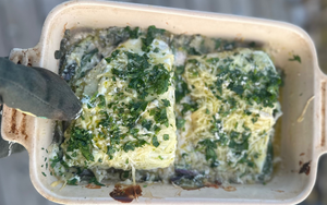 Creamy  Pesto Parmesan Baked Halibut with Spinach