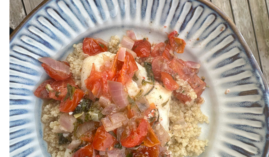 Cod topped with savory roasted veggies